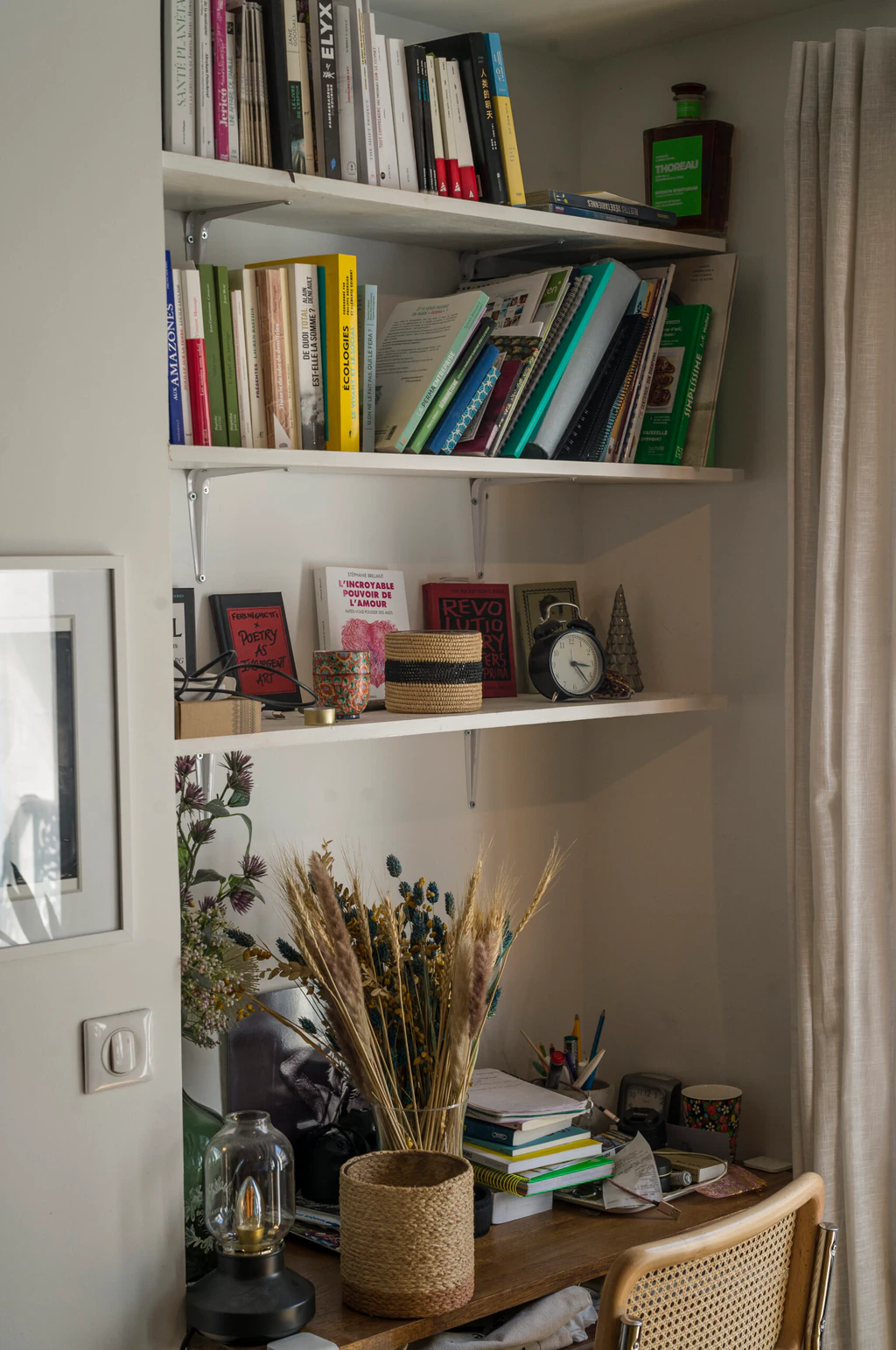 Étagères murales garnies de livres sur l'écologie et le féminisme, surplombant un bureau encombré de carnets, de fleurs séchées et d'un réveil ancien